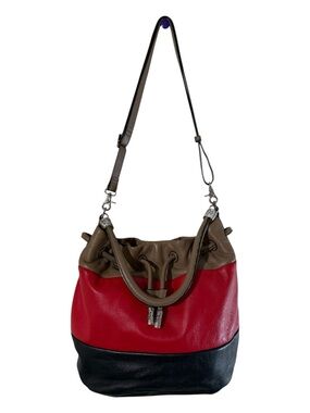 BRIGHTON |  Brody Colorblock Leather Bucket Shoulder Bag in taupe, red, black